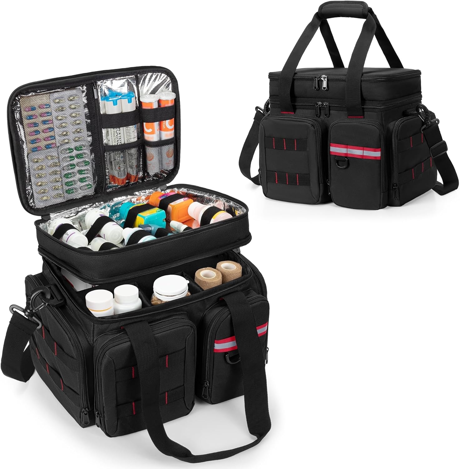 Large Capacity Portable Medical First Aid Bag, Multi Quick-Access Pocket EMT Trauma Organizer with Luggage Sleeve for Travel & Home Emergency