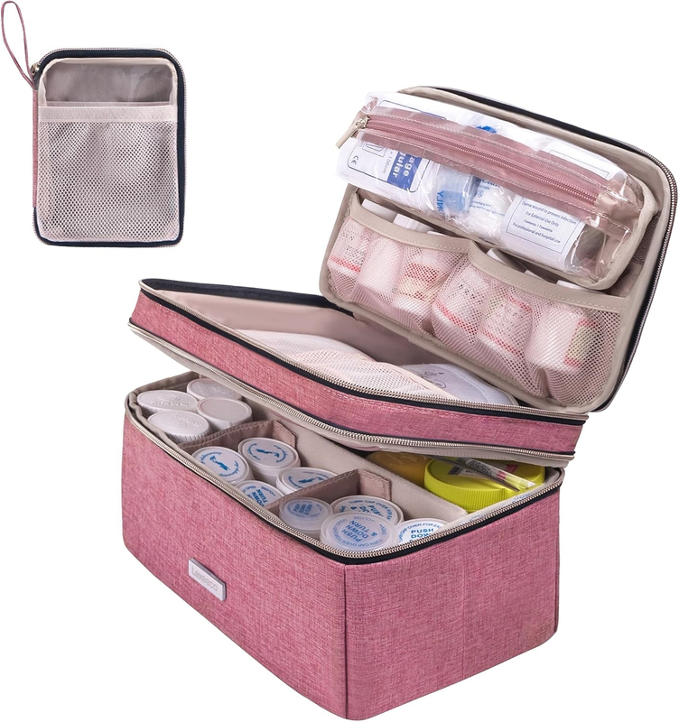 Two-Tier Large Capacity Medicine Carry Bag, Customizable Divider Pill Storage Organizer with Detachable Clear Pouches for Travel & Household