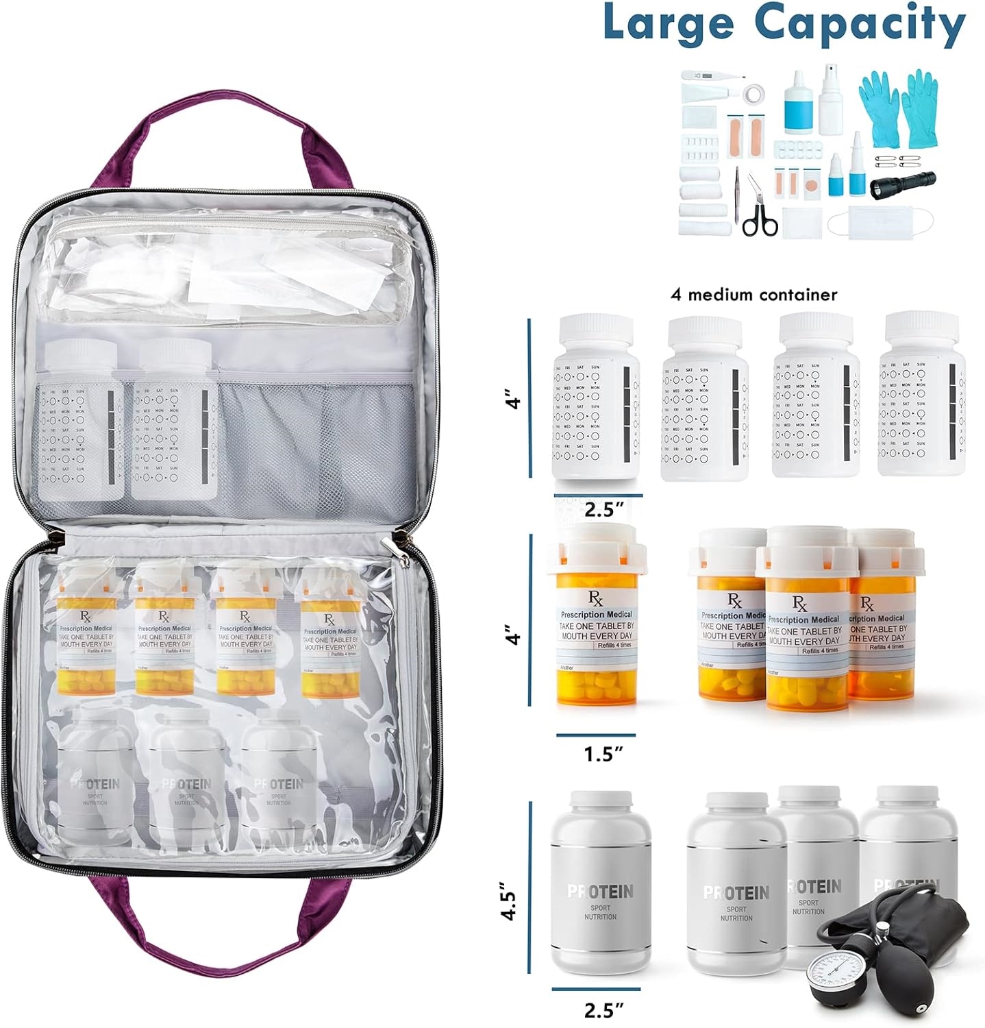 Spacious Clear Interior Medicine Carry Bag, Waterproof Quilted Pill Storage Organizer with Detachable Inner Bag for Travel & Household Medication