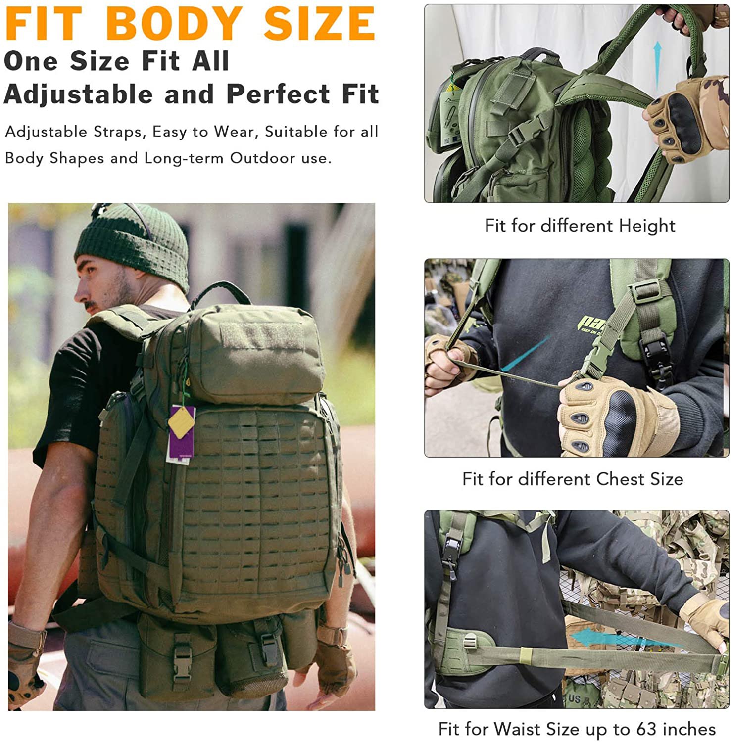 55L Laser Cut Tactical Backpack Full Set with 3L Hydration Bladder, Detachable Pouches & Waist Belt, Modular Military Backpack for Outdoor Camping, Hunting, Hiking & Emergency Gear