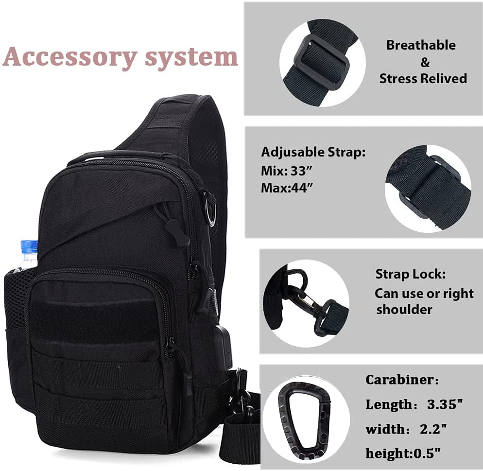 Tactical Sling Bag with External USB Charging Port, MOLLE Crossbody Chest Backpack