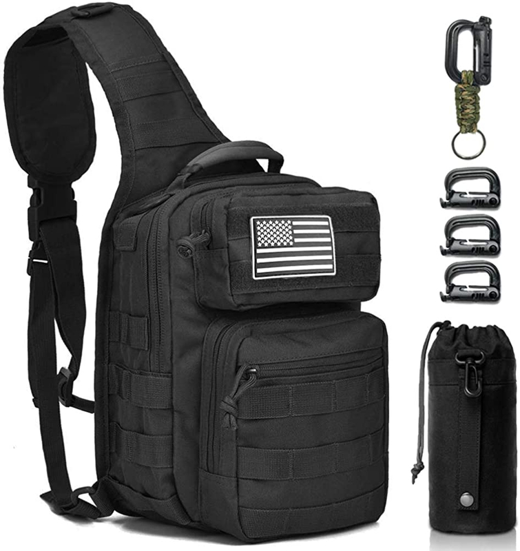 Tactical Sling Bag Crossbody Chest Pack, MOLLE EDC Shoulder Sling Backpack with Water Bottle Pouch, D-Rings & Flag Patch, Outdoor Daypack for Hiking, Shooting, Camping