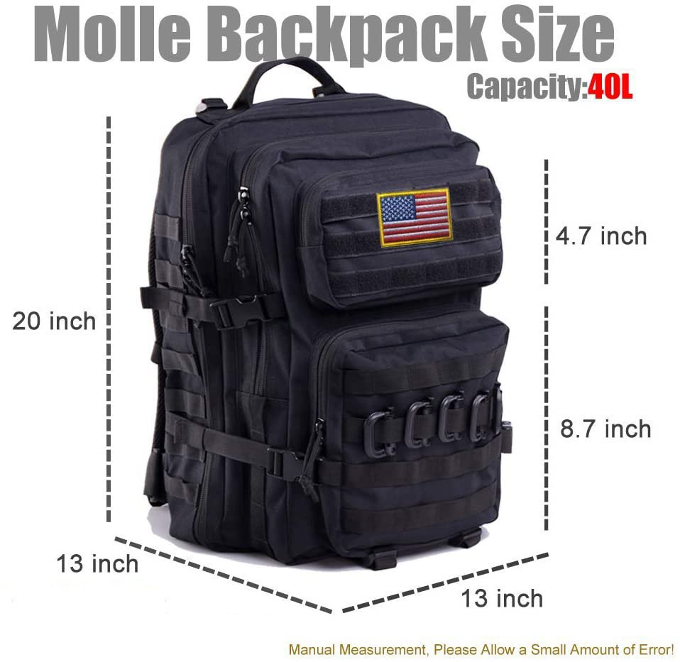 40L Military Tactical Backpack, Large MOLLE Rucksack with Bonus Patches & D-Rings, Water Resistant Daypack for Hiking, Camping, Hunting, Tactical Training & Outdoor Survival