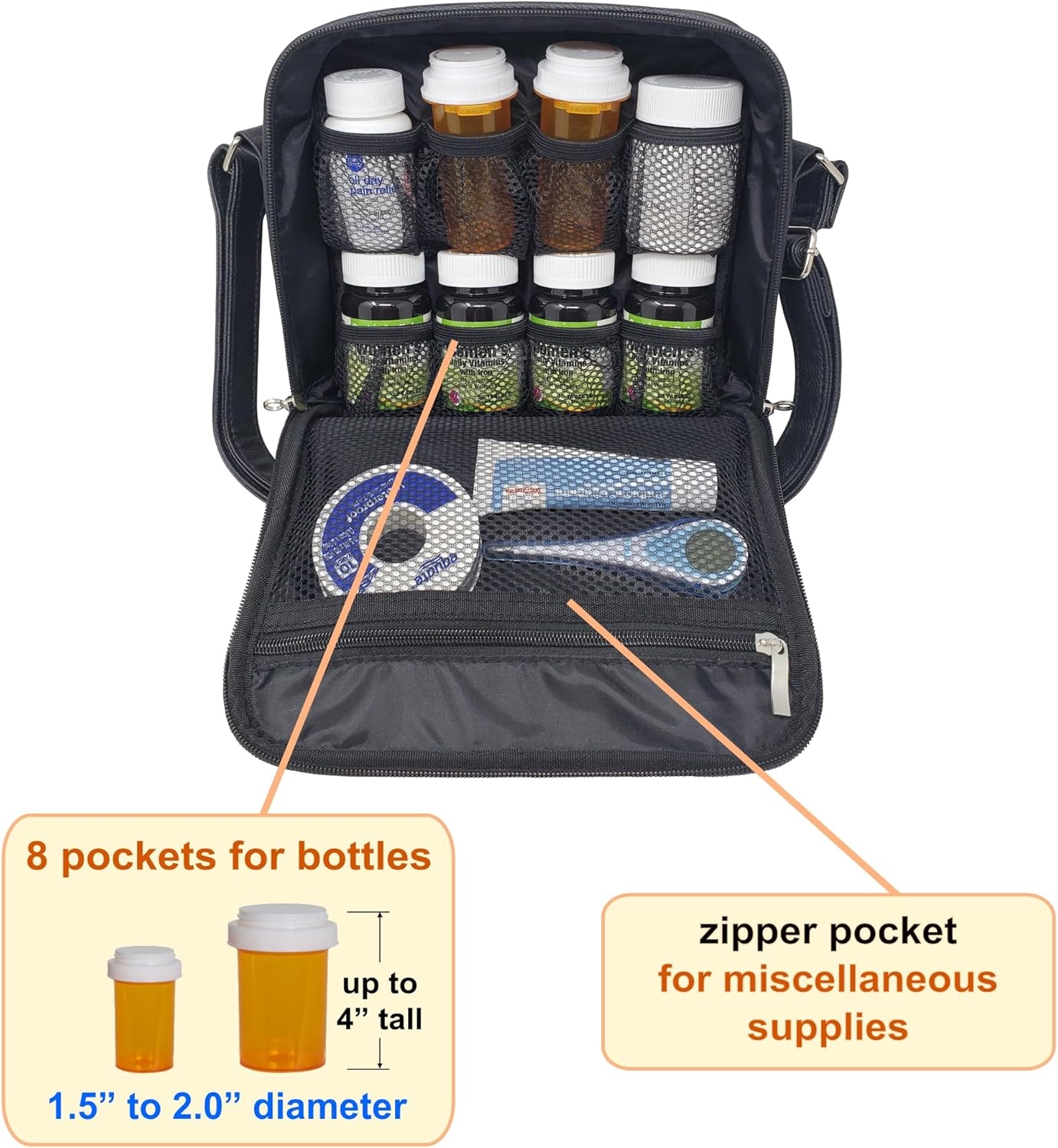Leather-Look Crossbody Medicine Carry Bag, Multi Compartment Travel Pill Storage Crossbody Bag with Adjustable Shoulder Strap