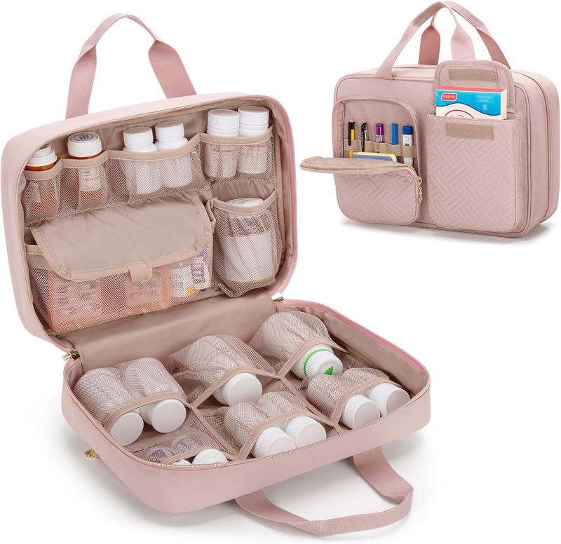 Spacious Waterproof Quilted Medicine Carry Bag, Multi External Pocket Pill Storage Organizer with Lockable Dual Zippers & Medical ID Window