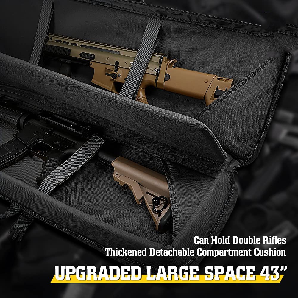 Padded Tactical Rifle Gun Bag, Water Resistant Molle Soft Long Firearm Case with Dual Pistol Pockets for Shooting Range Hunting Transport