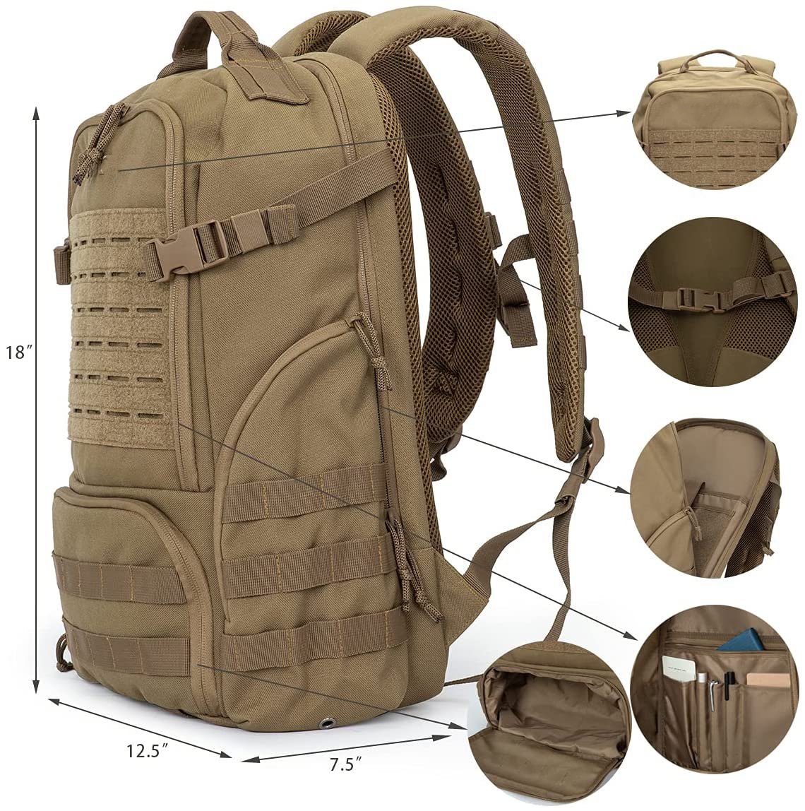 Laser Cut Molle Tactical Backpack Coyote Brown, Waterproof 600D Oxford Military Rucksack with Admin Organizer & Padded Laptop Compartment for Outdoor Work Travel