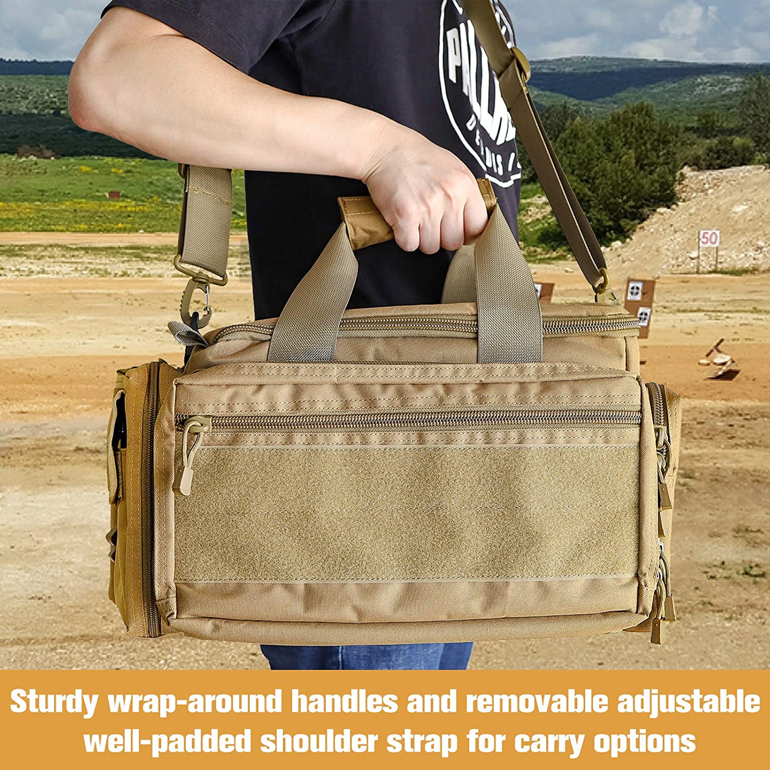 6 Magazine Loops Tactical Range Bag, 600D Waterproof Shooting Gun Bag with Insulated Water Bottle Pocket & Anti-Skid Bottom for Hunting Range Transport