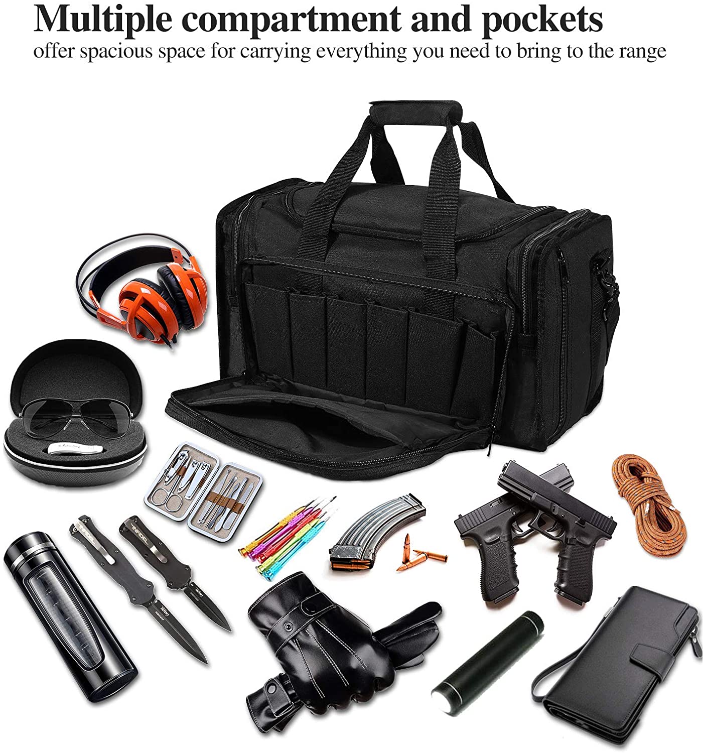 18 Inch Tactical Gun Range Bag, Multi Divided Interior Storage Duffle Bag Holds Handguns, Magazines, Ear Protection & Shooting Glasses for Range Hunting