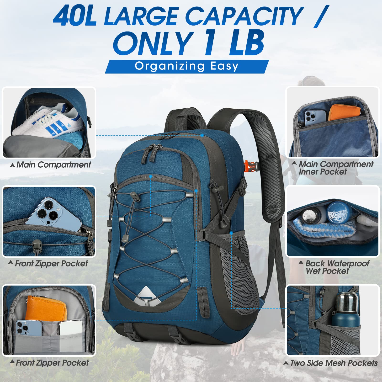 Hiking Backpack 40L Packable Lightweight Camping Backpack Men Women