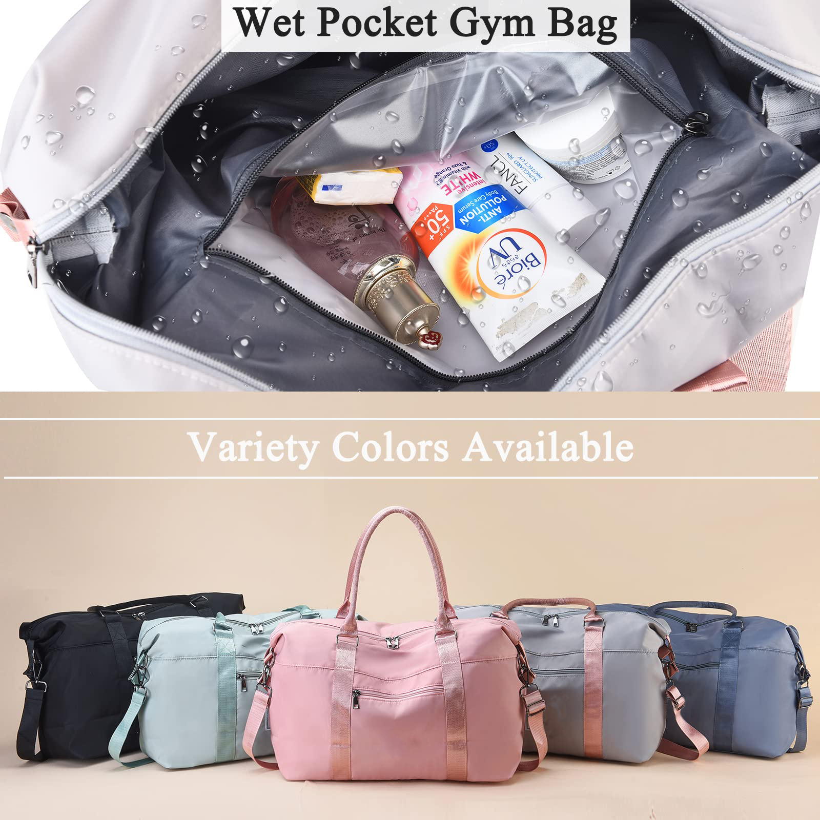 Lightweight Waterproof Gym Travel Duffle Bag, Airline Approved Carry On Bag with Separate Wet Pocket & Detachable Shoulder Strap