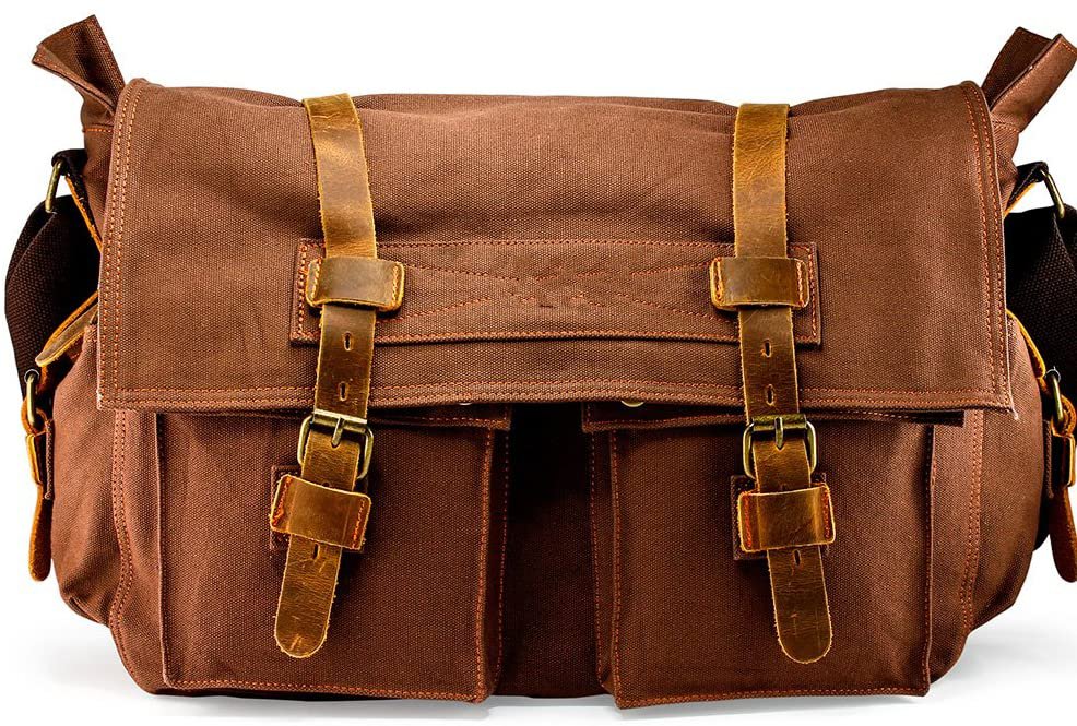 Vintage Waxed Canvas Messenger Bag with Genuine Leather Trim, 17 Inch Retro Crossbody Shoulder Bag, Multi-Purpose Camera & Laptop Satchel for Travel, Photography & Daily Use