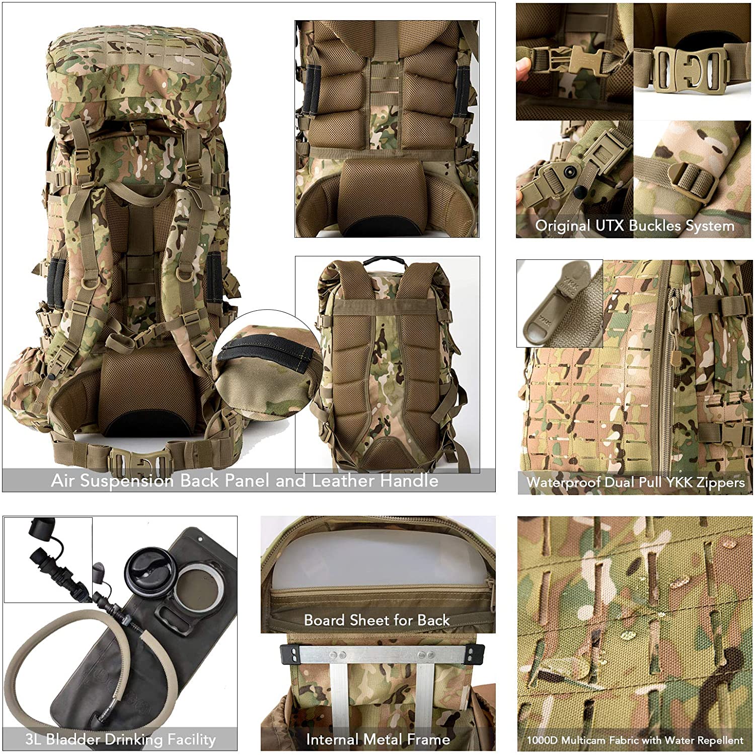 2-in-1 Detachable Modular Tactical Backpack System, Multicam Combo Pack with Main Rucksack, Assault Daypack & 3L Hydration Bladder, MOLLE Backpack for Field Expedition, Hiking & Survival