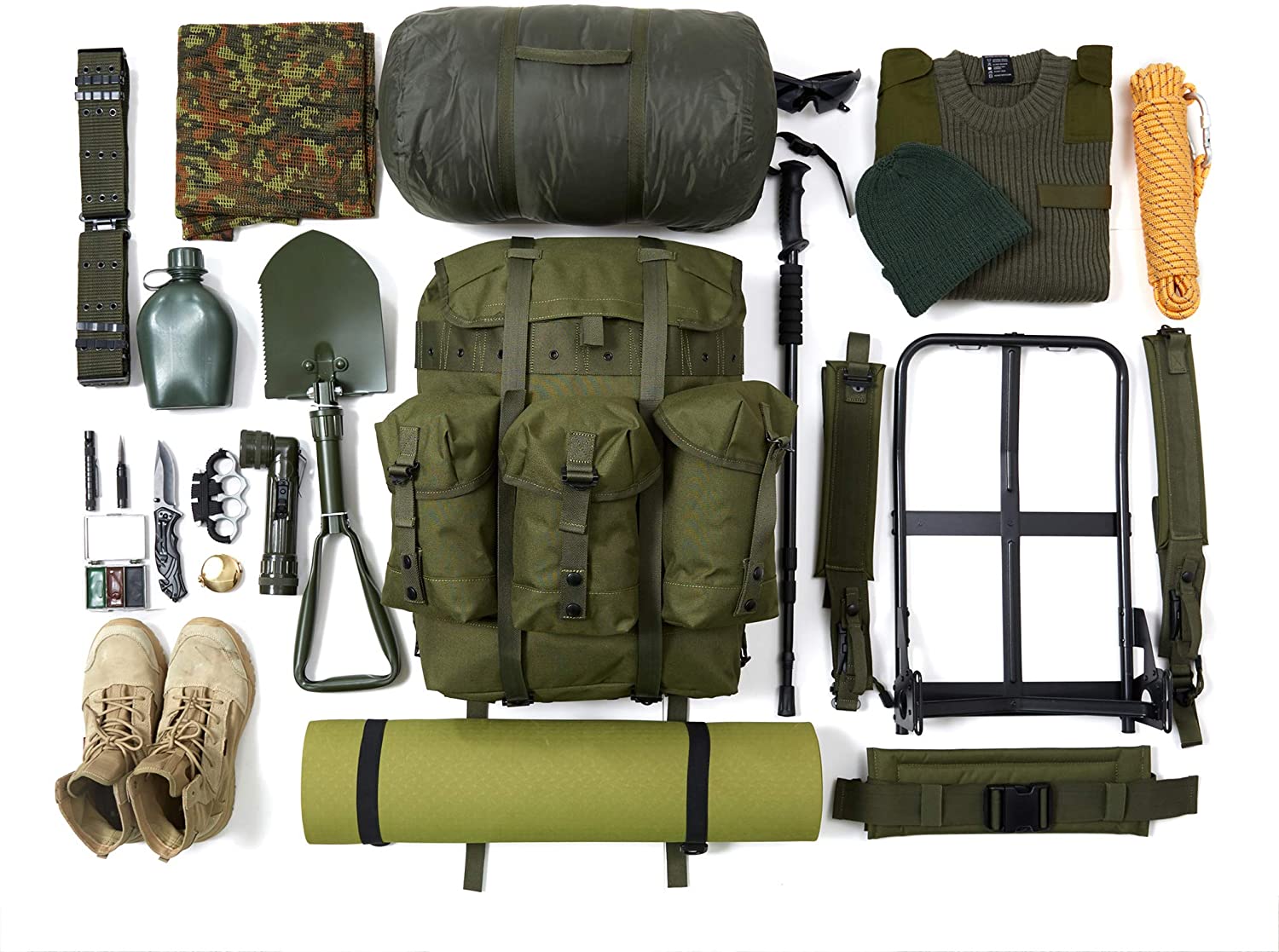Vintage Olive Military Canvas Rucksack, Large Capacity External Frame Backpack with 3 Detachable Utility Pouches
