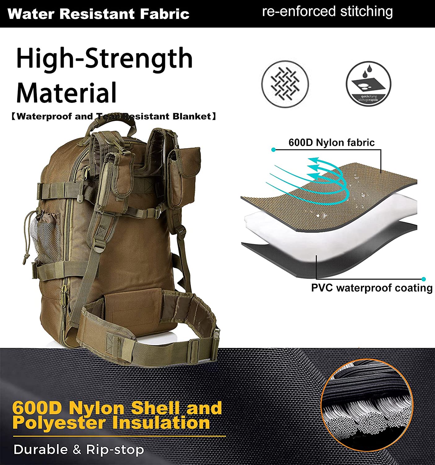 Expandable Tactical Backpack, Adjustable Capacity MOLLE Military Daypack with Detachable Water Bottle Holder for Hiking Shooting Camping Travel