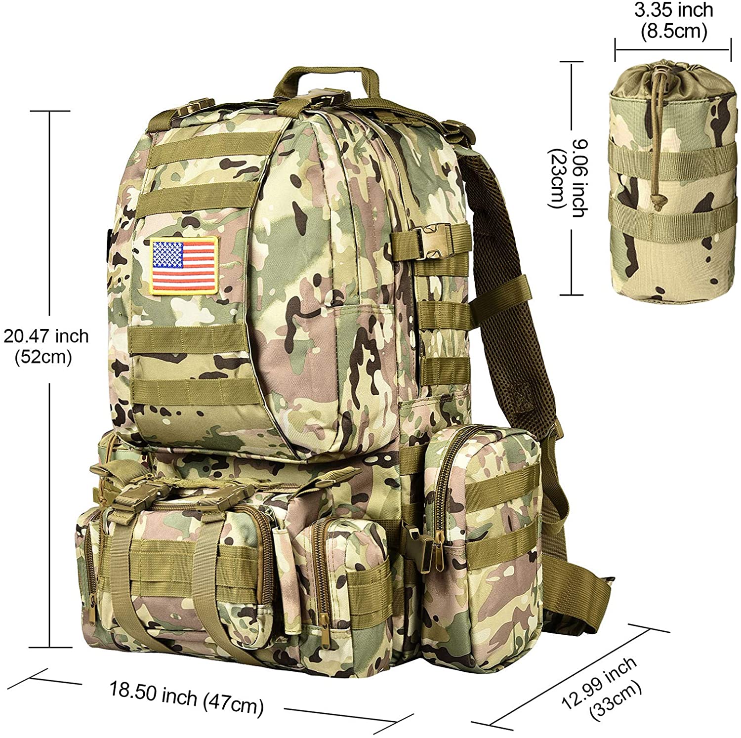 Modular Camouflage Tactical Backpack with Detachable Pouches, Water Resistant MOLLE Military Rucksack Kit with Water Bottle Holder for Hunting Camping Hiking Survival