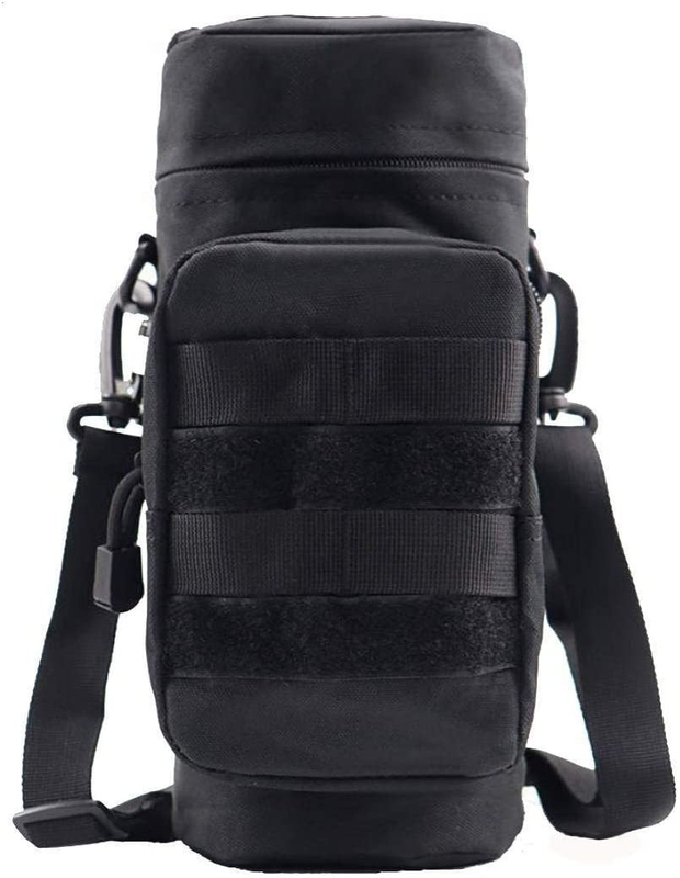 600D Nylon Tactical Water Bottle Pouch, MOLLE Water Bottle Carrier with Detachable Shoulder Strap & Side Storage Pocket for Outdoor Hiking Camping