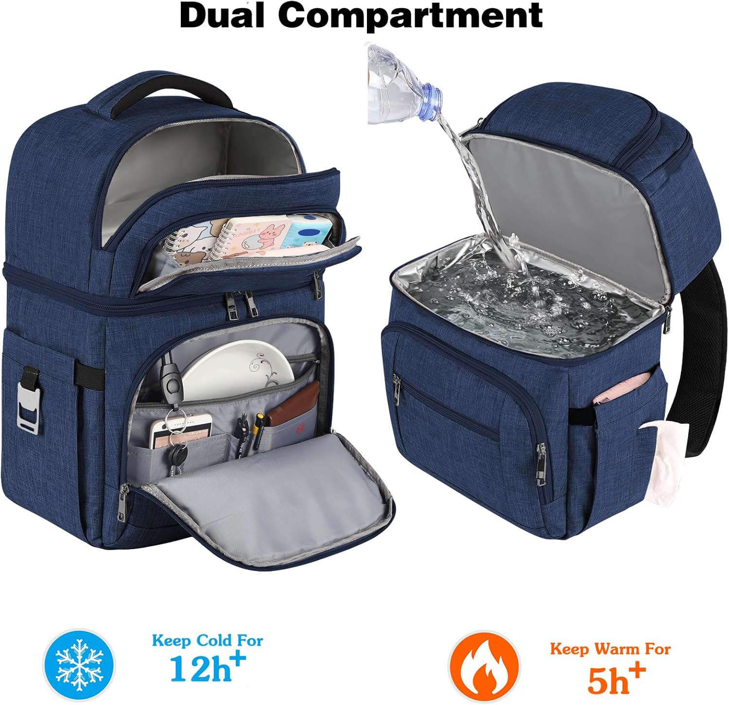 Leakproof Dual Compartment Thermal Cooler Backpack, 12 Hours Cold Retention Insulated Lunch Backpack for Beach, Camping, Office Picnic