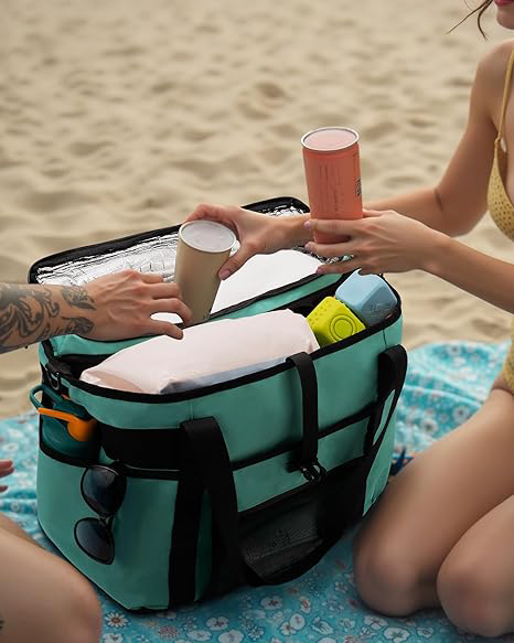 2-in-1 Dual Layer Insulated Cooler Tote Bag, Water Resistant Large Capacity Thermal Beach Bag for Picnic, Travel, Grocery Shopping