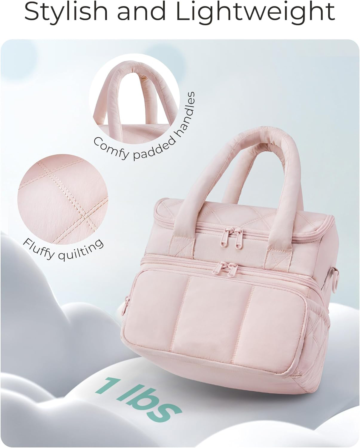 11.8L Two-Tier Insulated Lunch Bag, Quilted Water Resistant Cooler Tote with 12H Cold Retention & Detachable Shoulder Strap for Daily Work & Outdoor Picnic