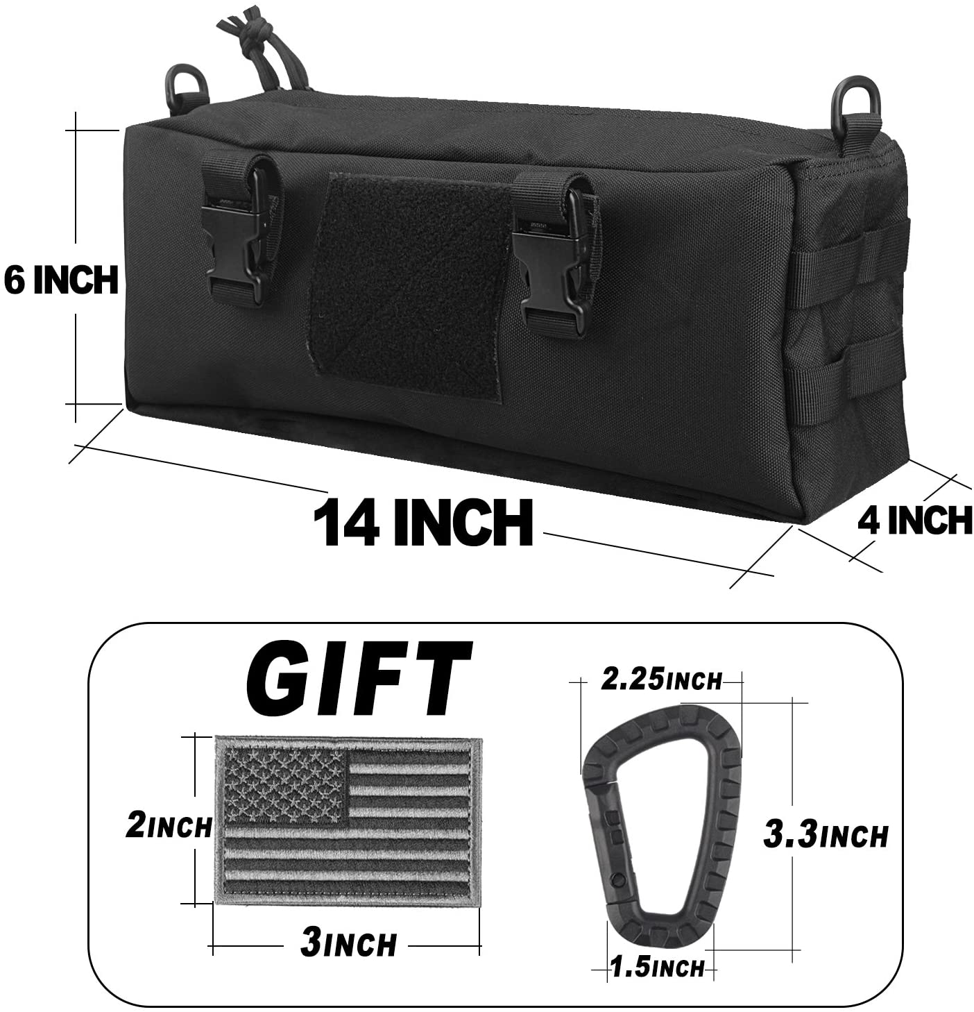 14 Inch Tactical MOLLE Tool Storage Pouch, Heavy Duty Nylon EDC Gear Bag with Patch Panel & Free Carabiner American Flag Patch