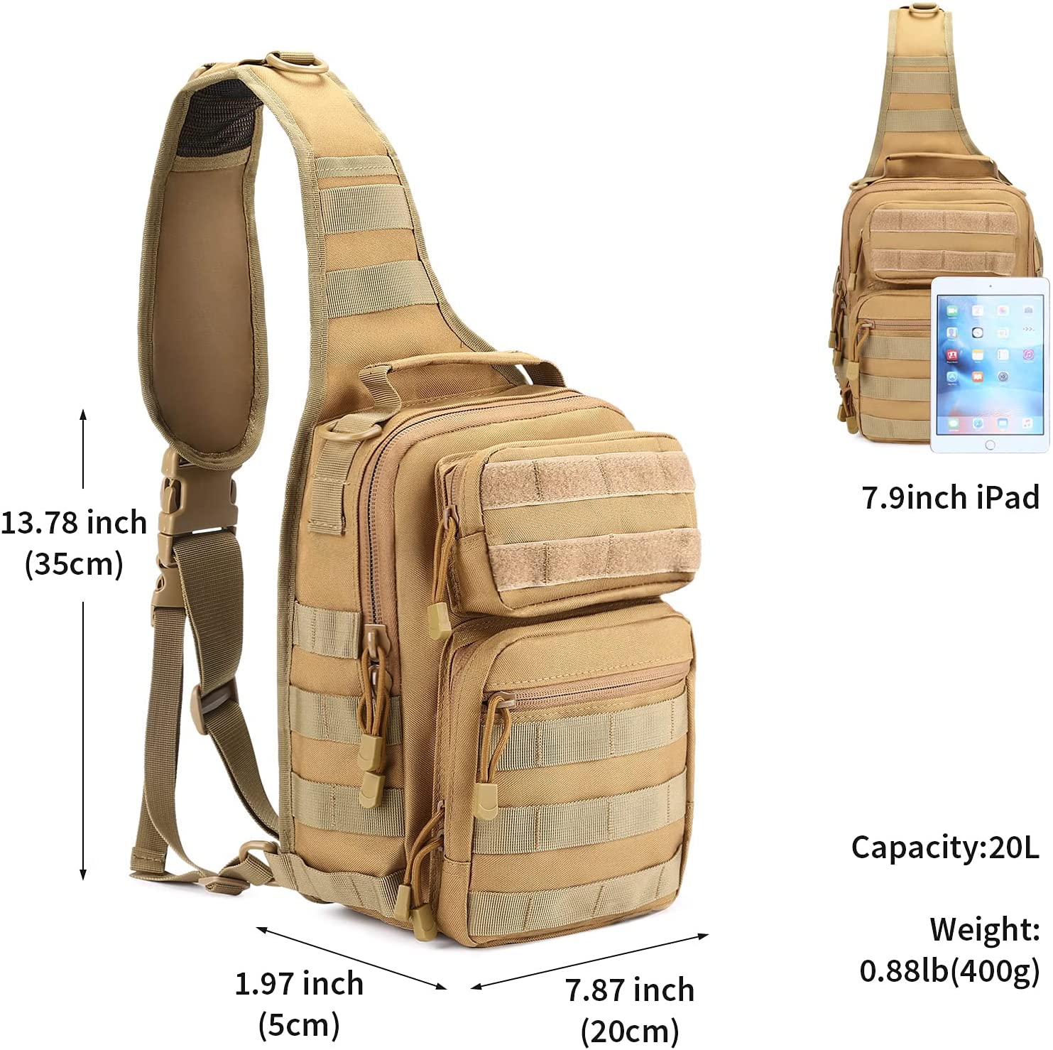 20L Tactical Sling Bag, Molle Crossbody Chest Pack, Lightweight EDC Shoulder Sling Backpack Fits 7.9-inch iPad for Hiking, Cycling, Hunting & Daily Outdoor Carry