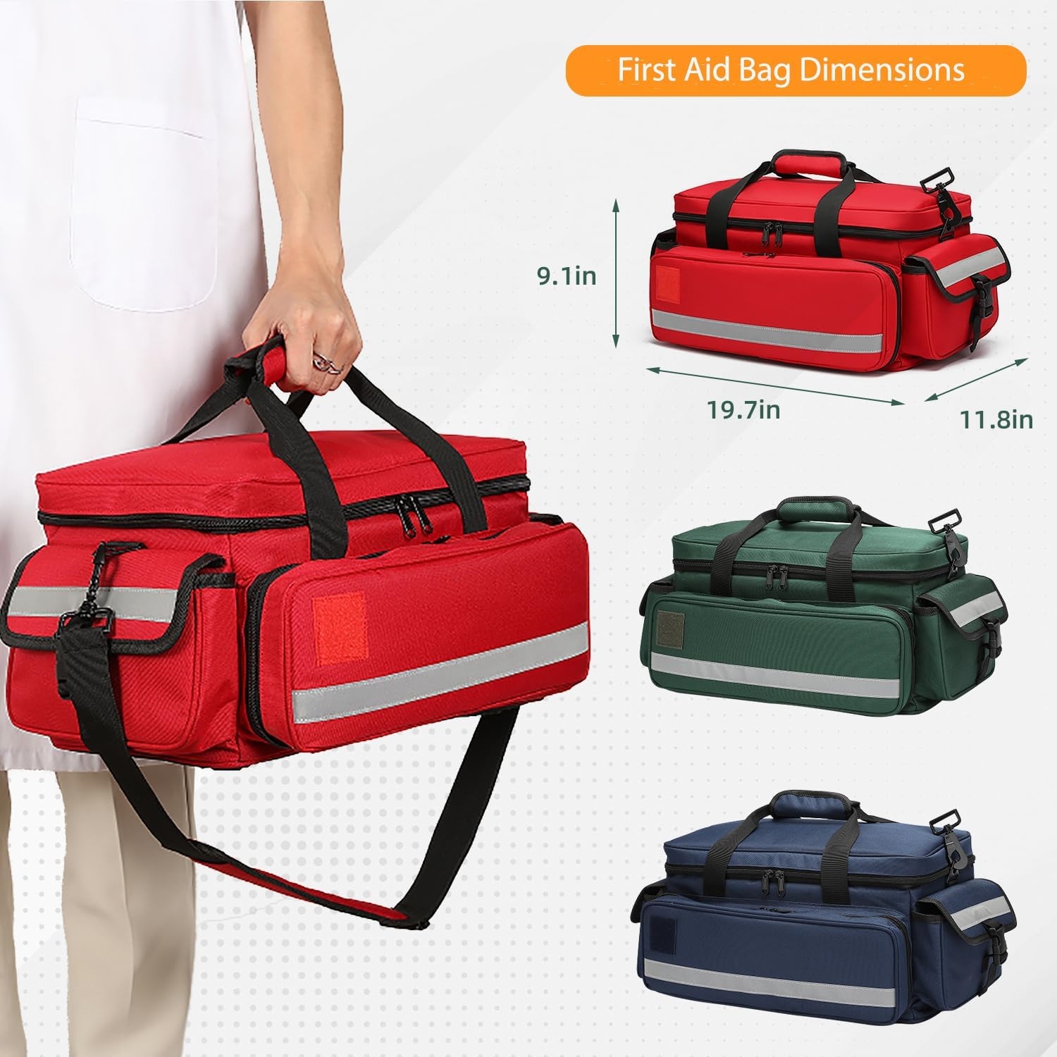 Reflective EMT First Aid Responder Bag, Empty Multi-Compartment Medical Carry Bag with Removable Dividers for Rescue & Household Use