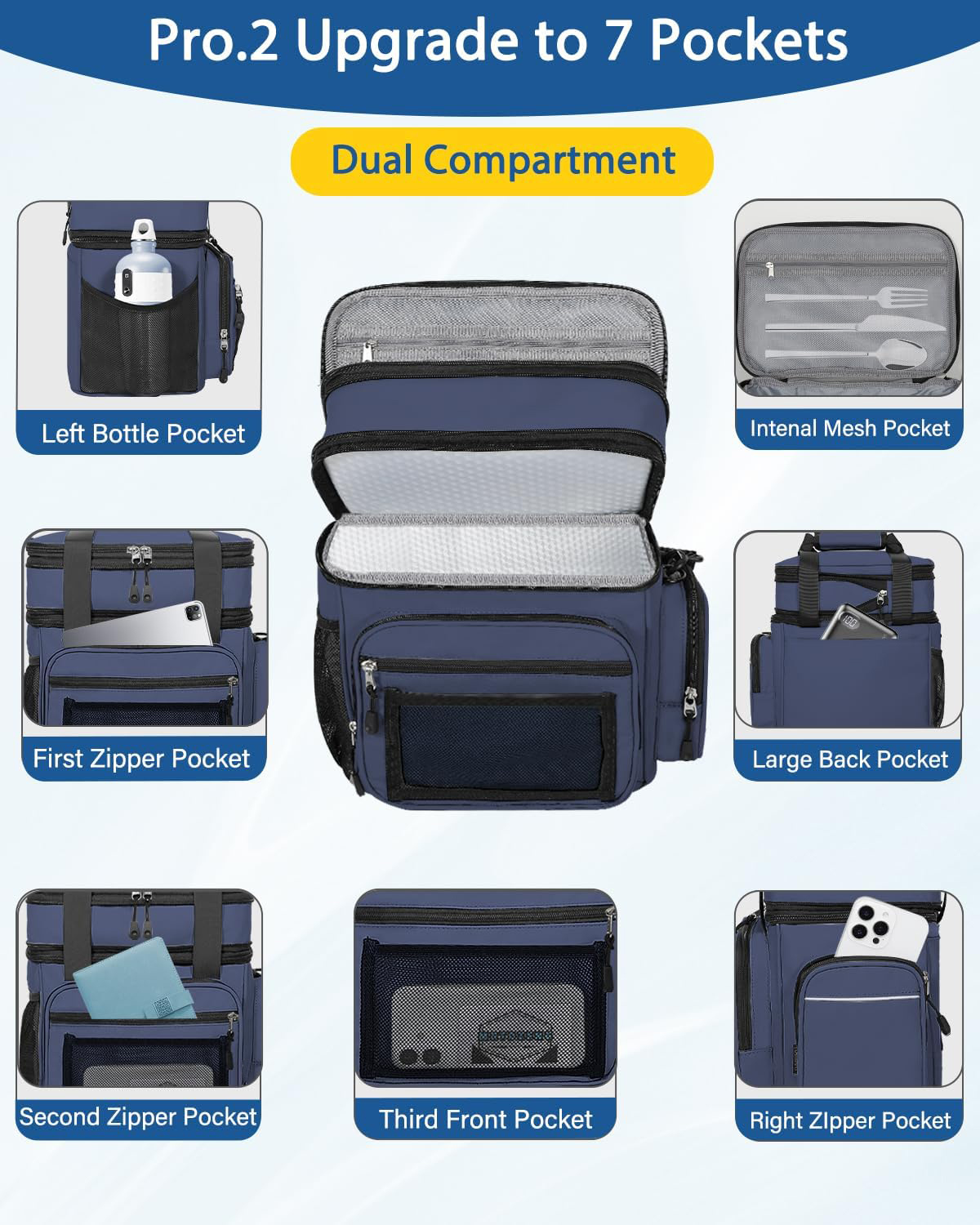 Dual Compartment Dry Wet Separation Insulated Cooler Bag, Seamless Hot Press 100% Leakproof Thermal Lunch Bag with Multi Pockets for Daily Work & Outdoor Picnic
