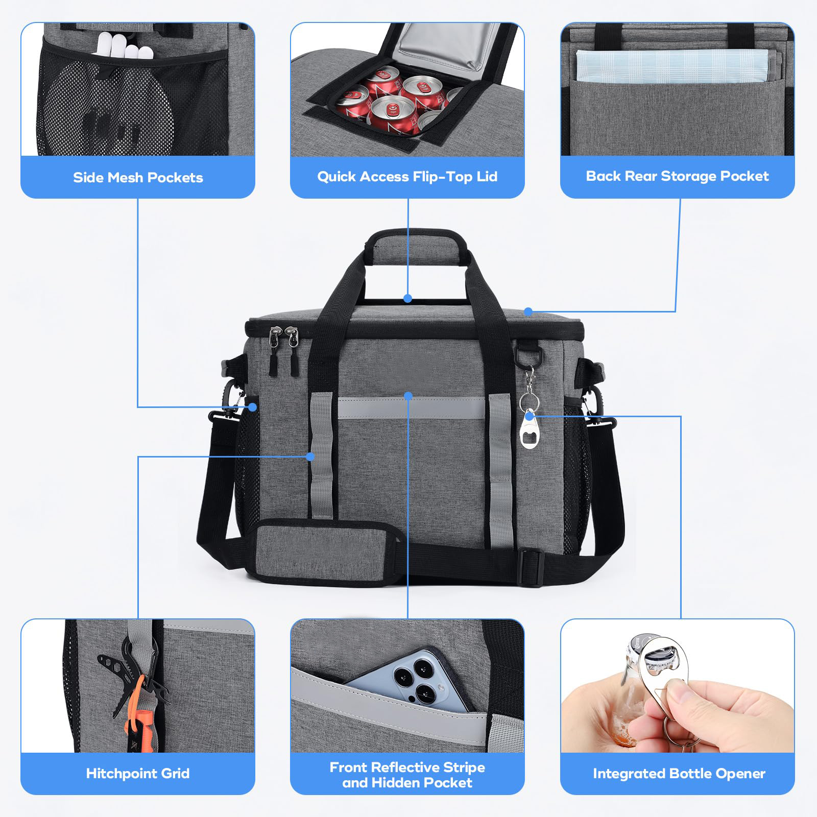 23L Large Insulated Cooler Bag, Lightweight Soft Cooler Holds 35 Cans with Reflective Strip & Built-in Bottle Opener for Outdoor Camping Fishing Beach Picnic
