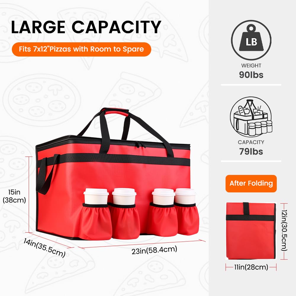 23 Inch Large Insulated Pizza Delivery Bag, Foldable Waterproof Thermal Food Transport Tote with 4 Adjustable Cup Holders for Catering & Food Delivery Business