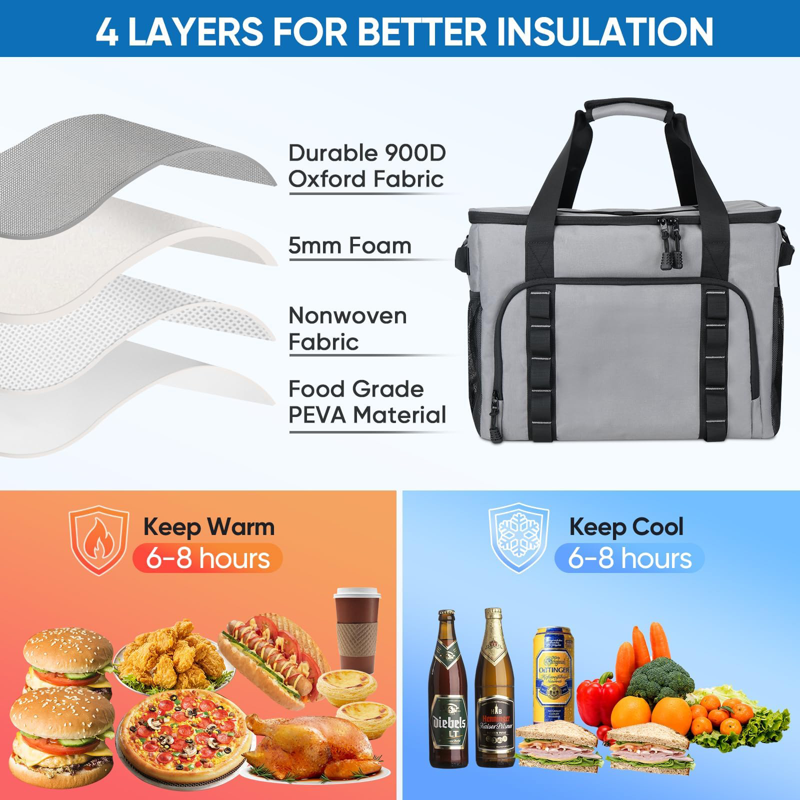 Foldable Large Insulated Cooler Bag, 100% Leakproof Seamless Liner Water Resistant Soft Cooler Tote for Outdoor Beach Camping Picnic Grocery