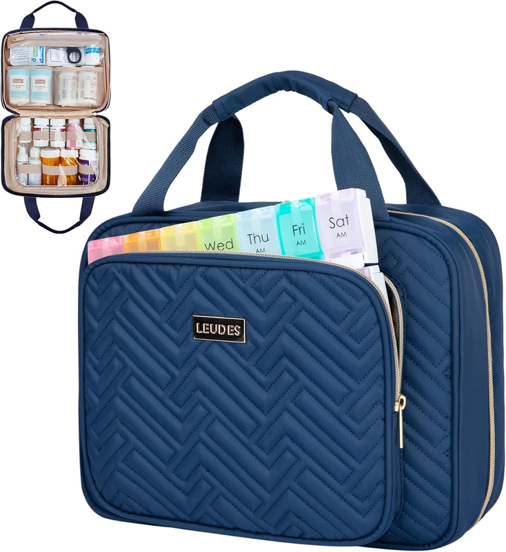 2 Sizes Waterproof Quilted Medicine Carry Bag, Portable Travel Pill Organizer with Front Pocket & Lockable Zippers