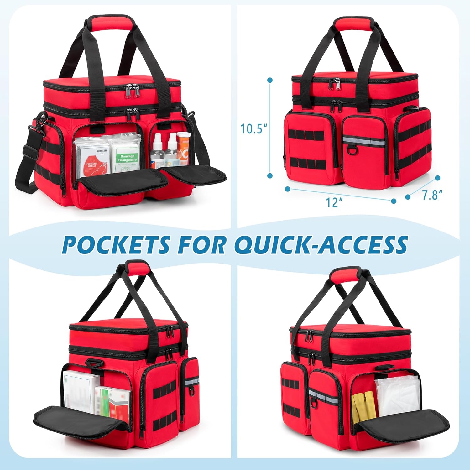 Large Capacity Portable Medical First Aid Bag, Multi Quick-Access Pocket EMT Trauma Organizer with Luggage Sleeve for Travel & Home Emergency