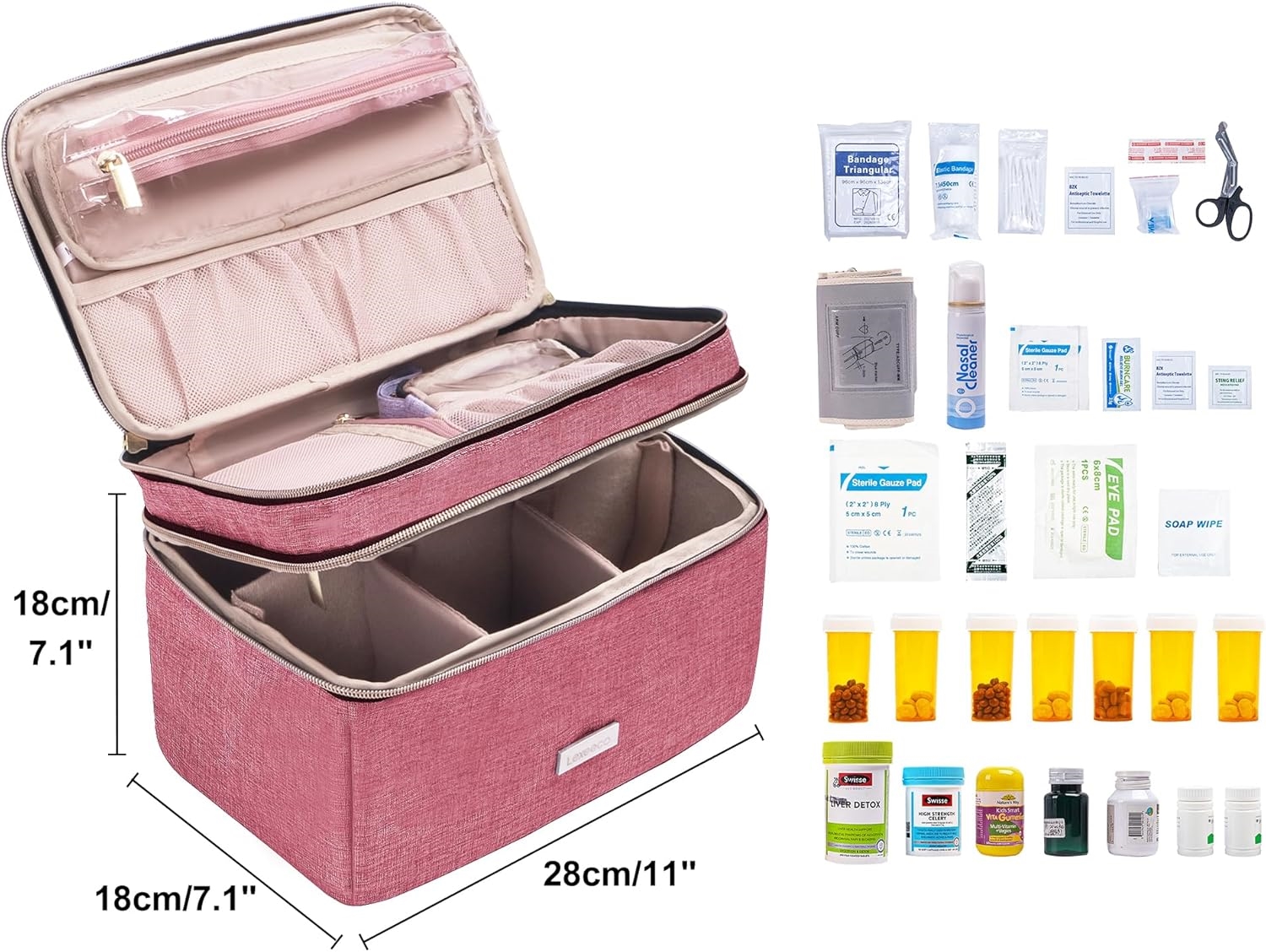 Two-Tier Large Capacity Medicine Carry Bag, Customizable Divider Pill Storage Organizer with Detachable Clear Pouches for Travel & Household