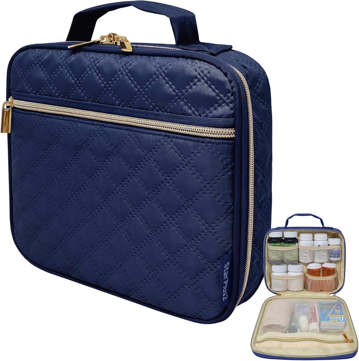 Compact Quilted Pill Bottle Travel Bag, Water Resistant Portable Medication Organizer with Multi Mesh Storage Pockets