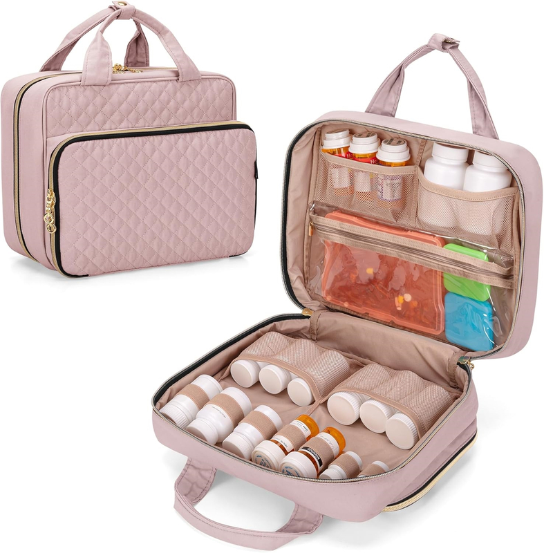 Waterproof Quilted Medicine Carry Bag, Large Portable Pill Storage Organizer with Lockable Zippers & ID Card Slot for Travel & Household Use