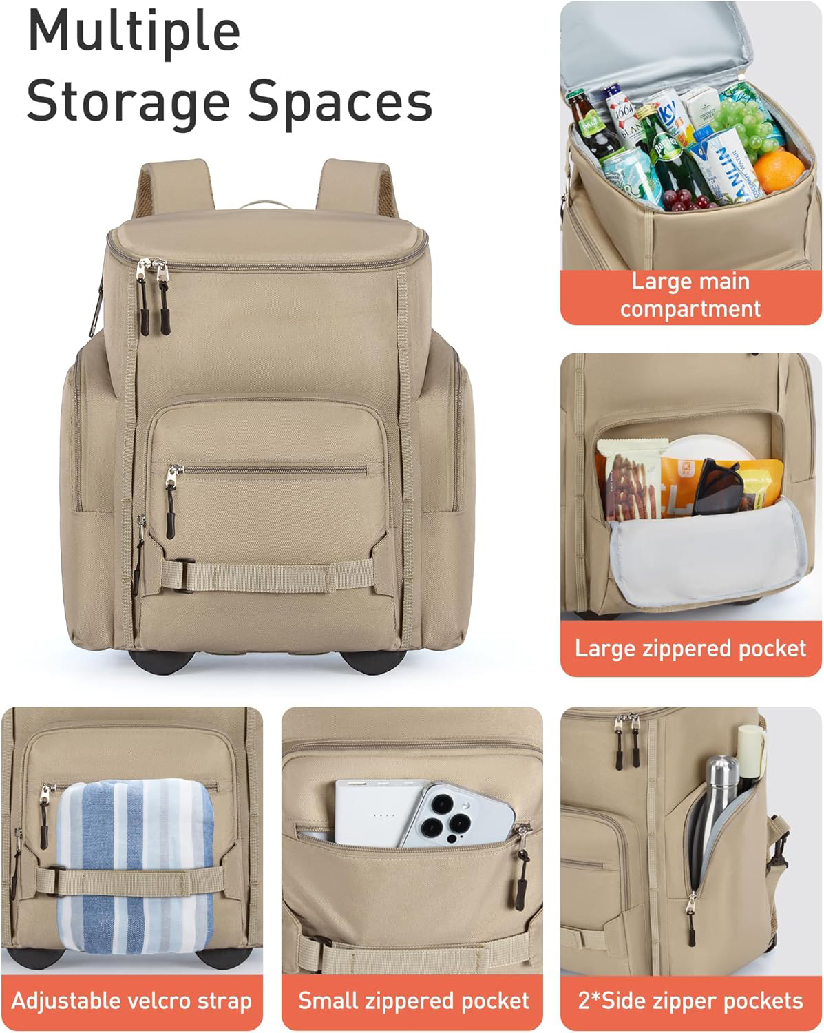 Rolling Cooler Backpack Leakproof Waterproof Insulated Beach Cooler with Wheels and Handle Outdoor
