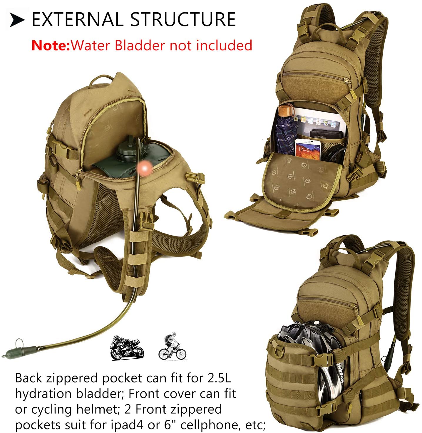 Coyote Brown Tactical Daypack, MOLLE Modular Backpack with Waterproof Rain Cover, Lightweight Outdoor Backpack for Hiking, Shooting Range, Camping & EDC