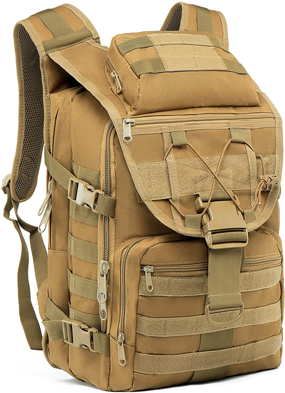 Coyote Brown MOLLE Tactical Backpack, Multi-Pocket Outdoor Rucksack with Detachable Top Pouch, Lightweight Pack for Hiking, Hunting, Camping & Shooting Range