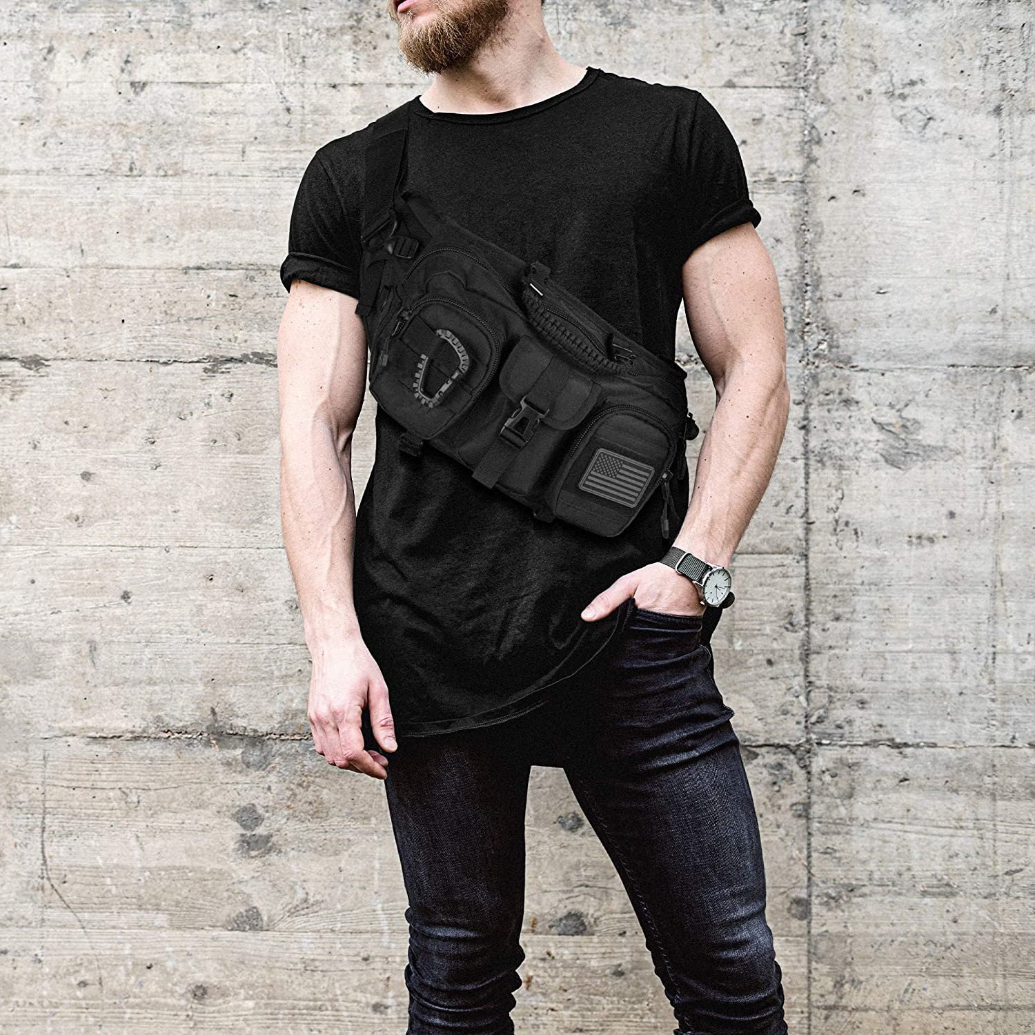 Tactical Waist Pack Sling Bag, Modular EDC Fanny Pack with Detachable Extension Strap, Multi-Purpose Chest Bag for Outdoor, Hunting & Daily Concealed Carry