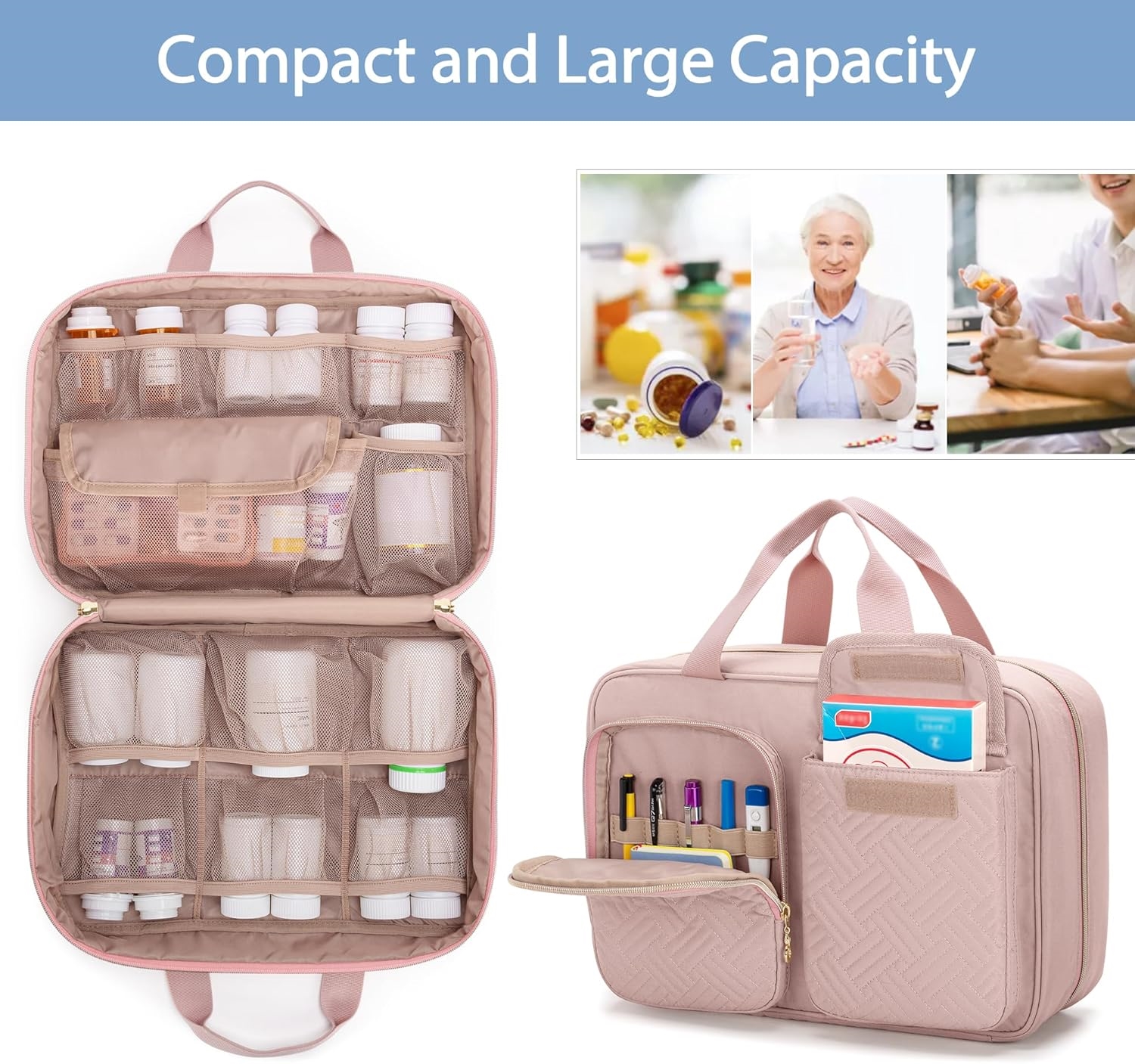 Spacious Waterproof Quilted Medicine Carry Bag, Multi External Pocket Pill Storage Organizer with Lockable Dual Zippers & Medical ID Window