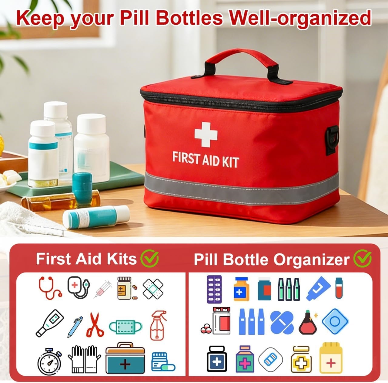 Compact Waterproof First Aid Kit Storage Bag, Reflective Strip Emergency Medical Organizer with Detachable Crossbody Strap for Travel & Car