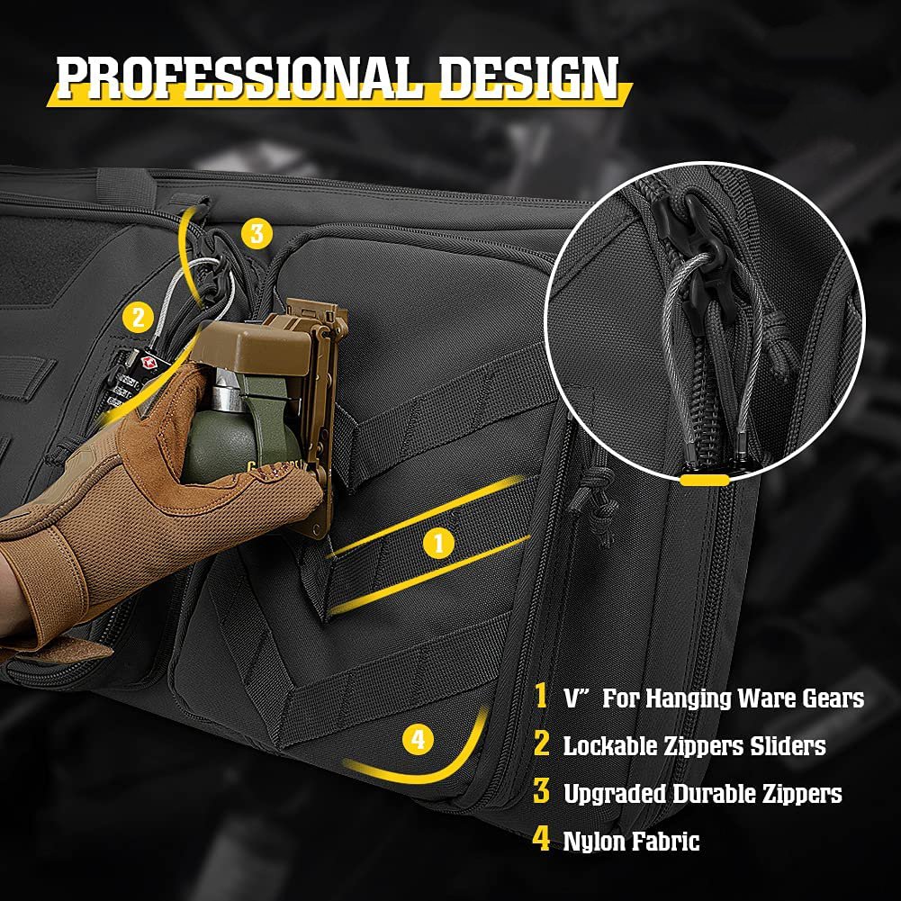 Padded Tactical Rifle Gun Bag, Water Resistant Molle Soft Long Firearm Case with Dual Pistol Pockets for Shooting Range Hunting Transport