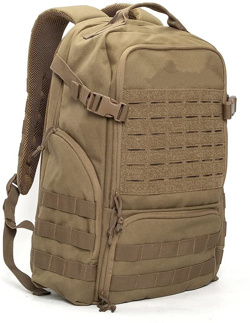 Laser Cut Molle Tactical Backpack Coyote Brown, Waterproof 600D Oxford Military Rucksack with Admin Organizer & Padded Laptop Compartment for Outdoor Work Travel