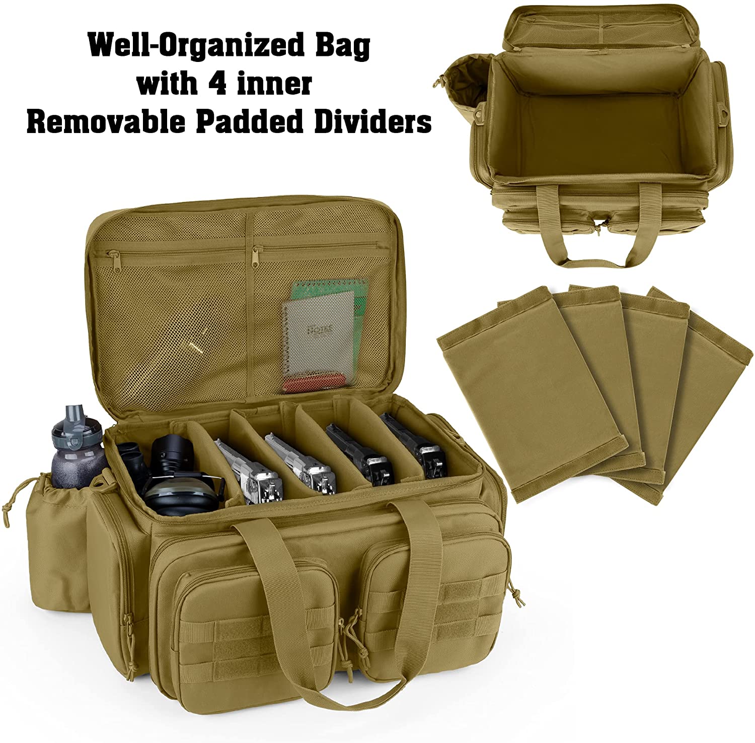 Tactical Handgun Range Bag, 4 Removable Padded Dividers Molle Multi-Pocket Firearm Storage Duffle Bag for Shooting Hunting Transport