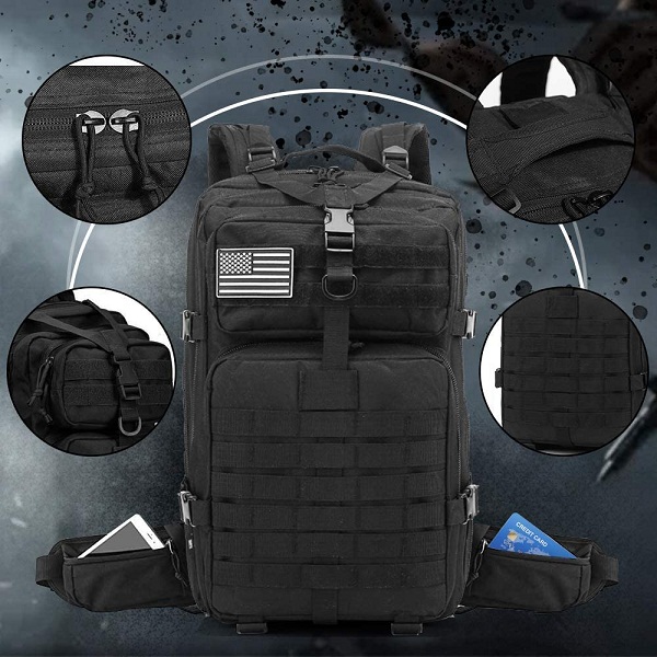 42L Tactical Military Backpack, Waterproof Molle Assault Rucksack with Free Bonus Patches, Carabiners, Waist Bag & Water Bottle Pouch for Outdoor Hunting Camping Hiking