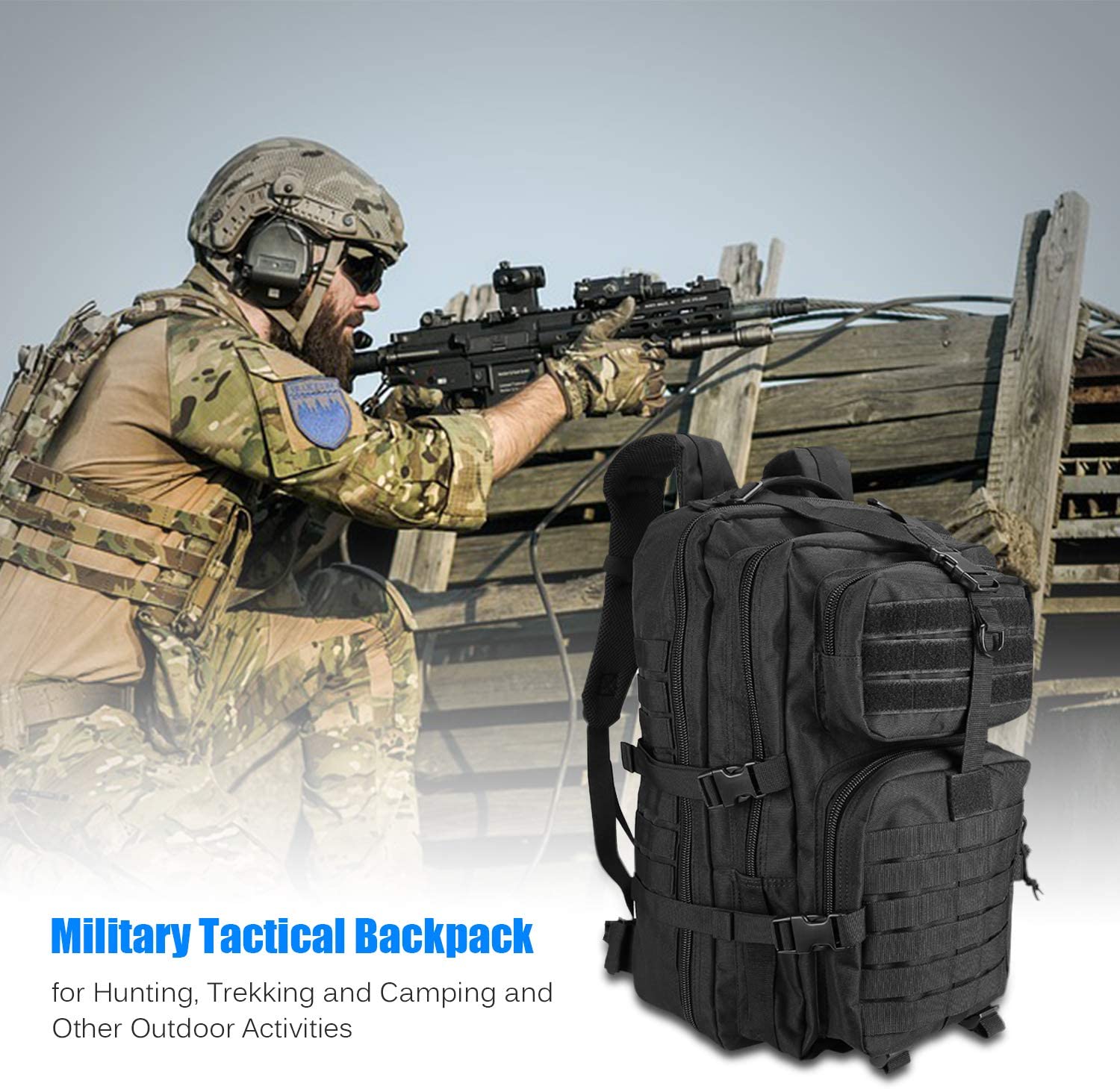 45L Tactical Military Backpack with 5 Storage Compartments, Water Resistant Molle Army Rucksack Hidden Back Pocket for Outdoor Hiking Camping Survival