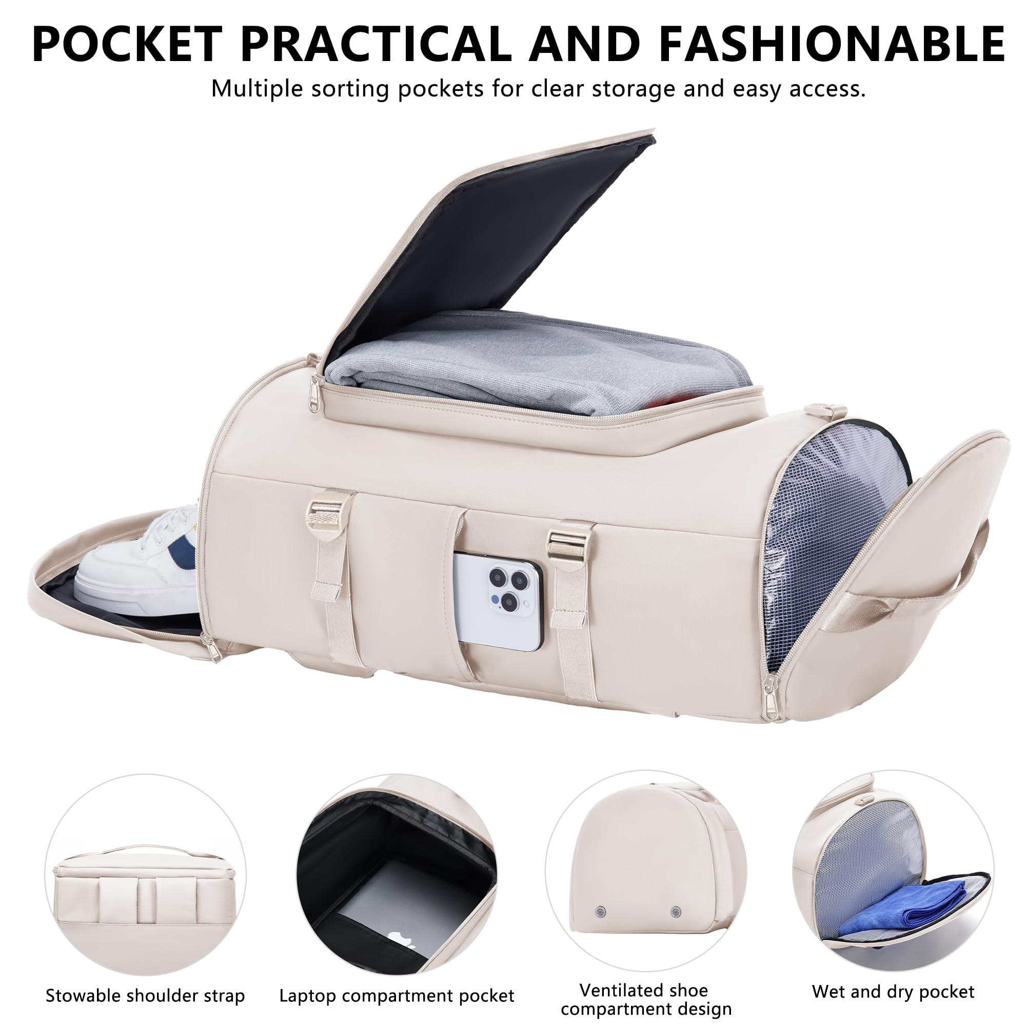 Waterproof Gym Travel Duffle Bag, Sports Overnight Bag with Laptop Pocket, Independent Shoe & Wet Dry Storage Zones