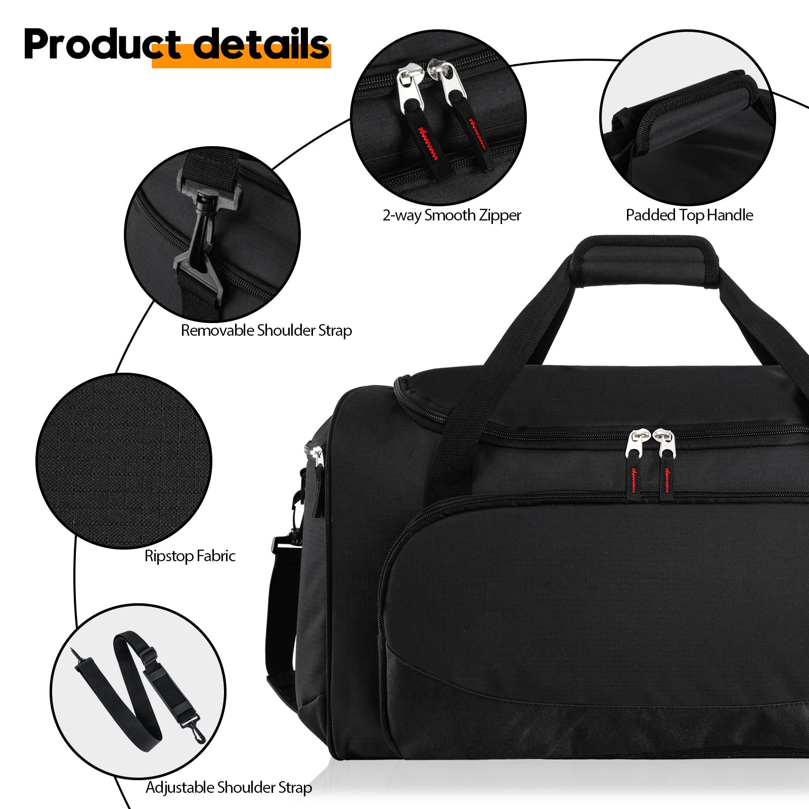 Ripstop Waterproof Gym Duffle Bag, Large Travel Weekender Duffel with Detachable Adjustable Shoulder Strap & Padded Hand Handle