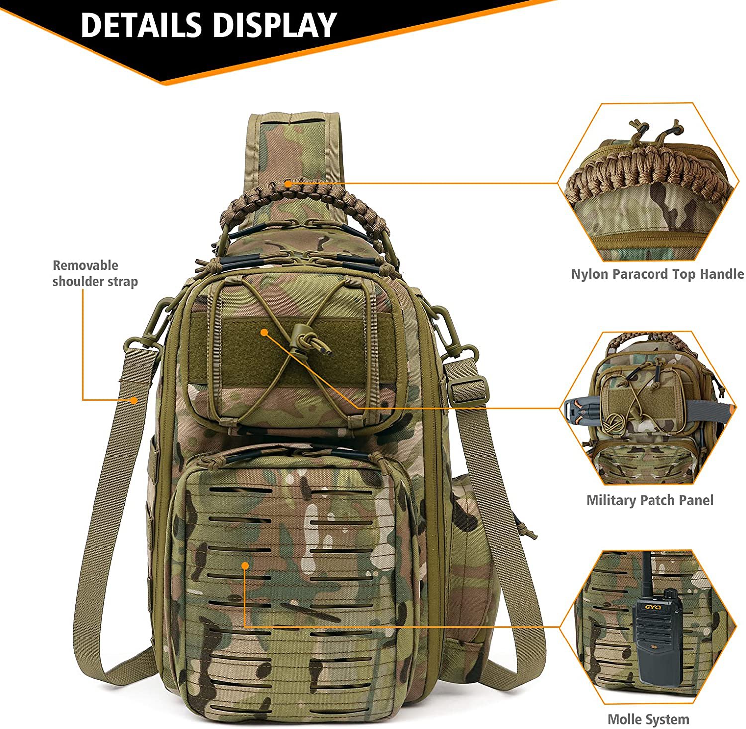 Camouflage Laser Cut MOLLE Tactical Sling Bag, Lightweight Crossbody Chest Pack, Modular EDC Shoulder Sling Backpack for Shooting, Hiking, Fishing & Daily Carry